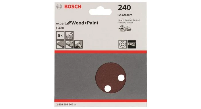 Bosch 2608605645 - Abrasif C430 Expert For Wood And Paint, Diamètre 125 Mm, Grain 240, 8 Trous, 5x 1 Bosch 2608605645 - Abrasif C430 Expert For Wood And Paint, Diamètre 125 Mm, Grain 240, 8 Trous, 5x