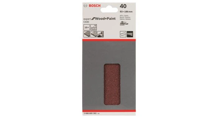 Bosch 2608605302 - Abrasif C430 Expert For Wood And Paint, 93 X 186 Mm, Grain 40, 8 Trous, 10x 1 Bosch 2608605302 - Abrasif C430 Expert For Wood And Paint, 93 X 186 Mm, Grain 40, 8 Trous, 10x